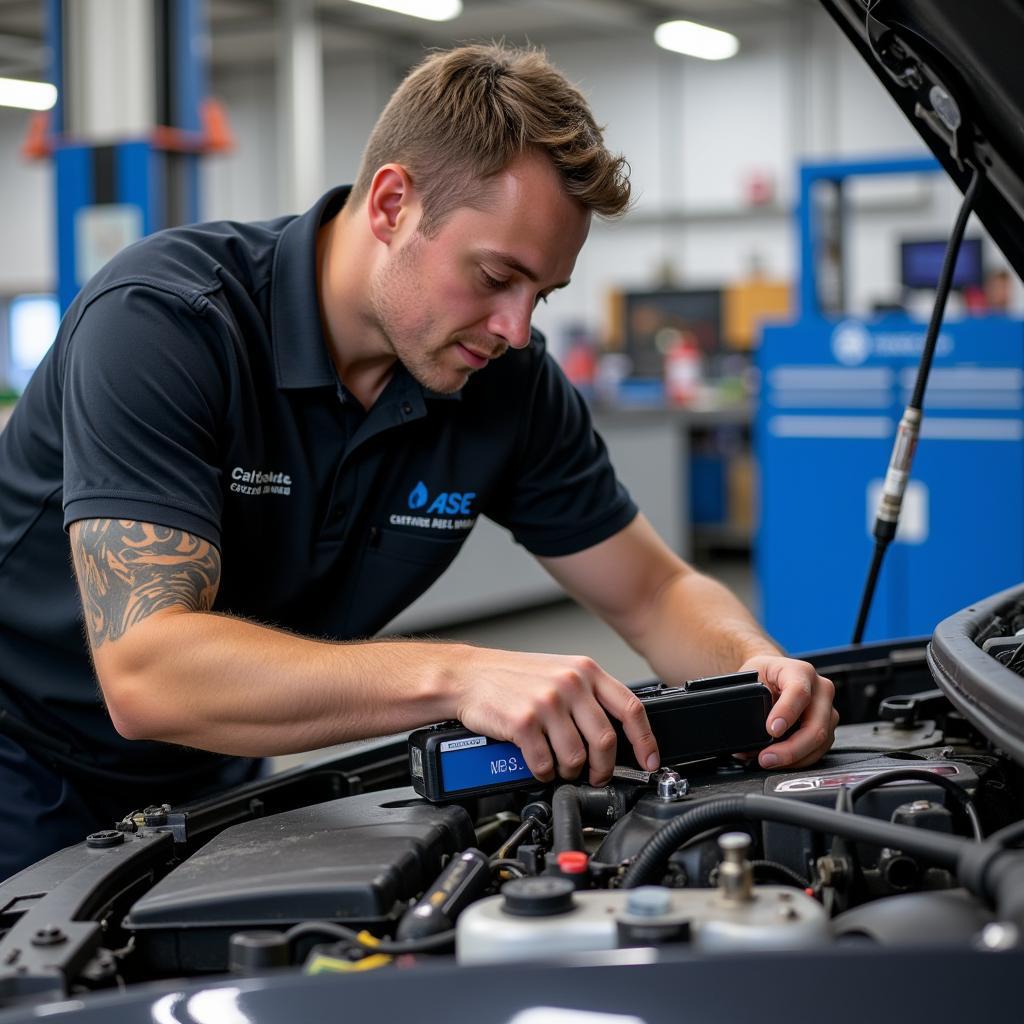 ASE Certified Technician Working on an Engine