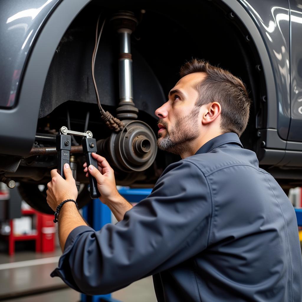 ASE Certified Technician Working on Suspension