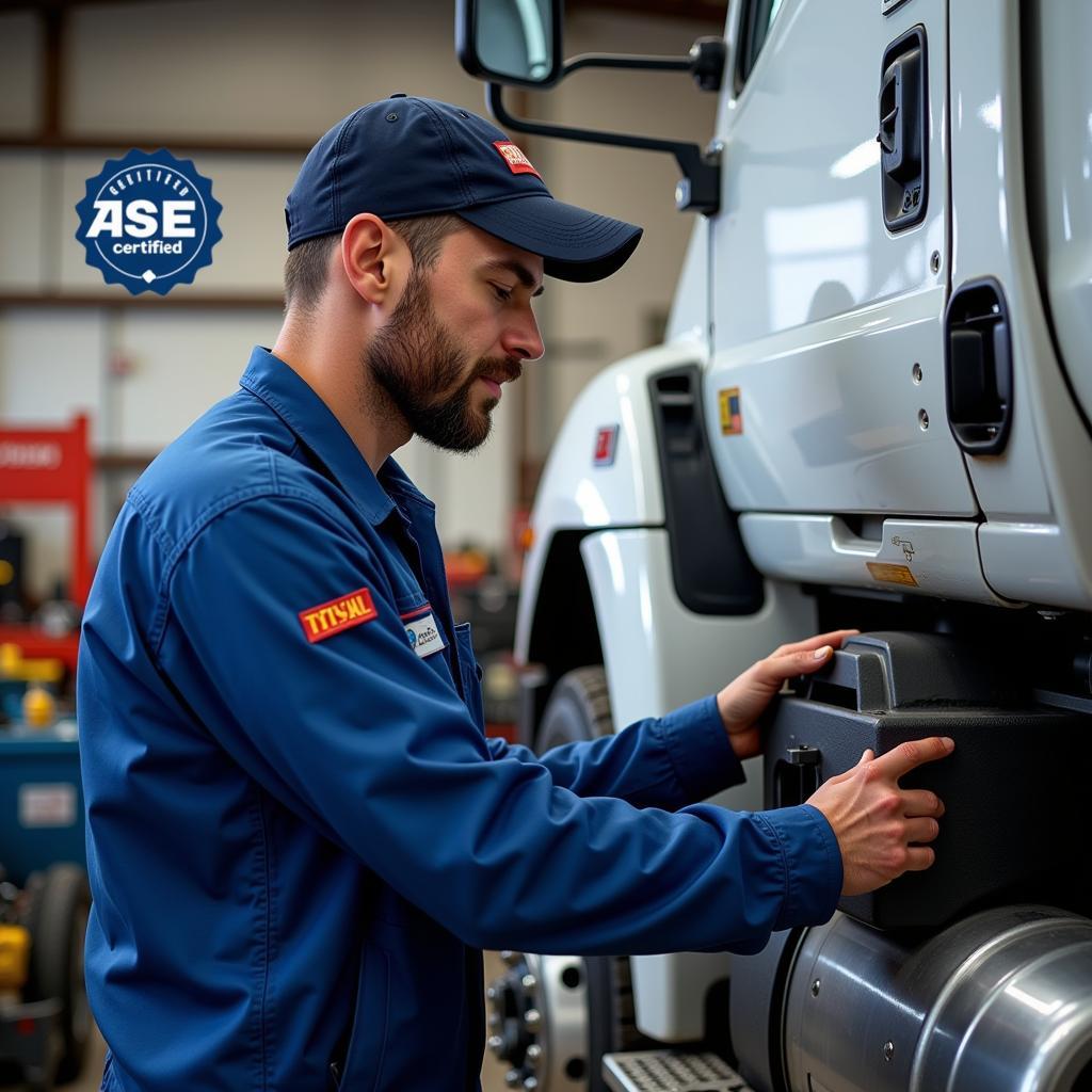 ASE Certified Technician Working on a Truck