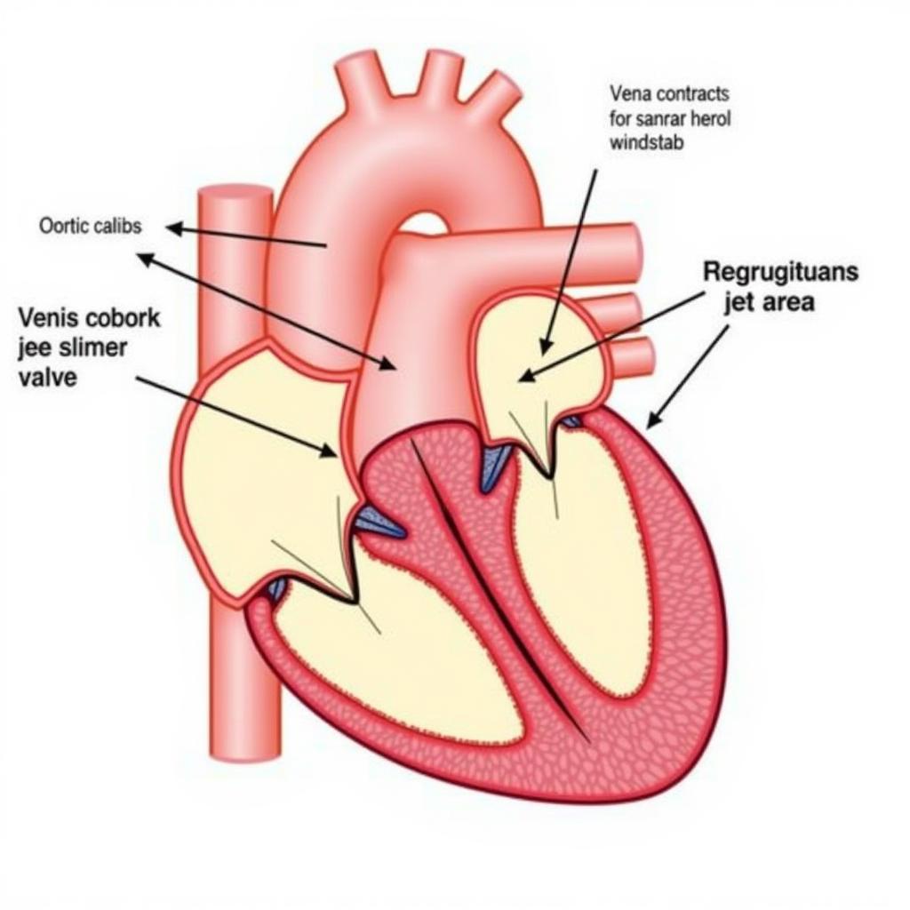 Diagram illustrating aortic regurgitation and key measurements according to ASE guidelines