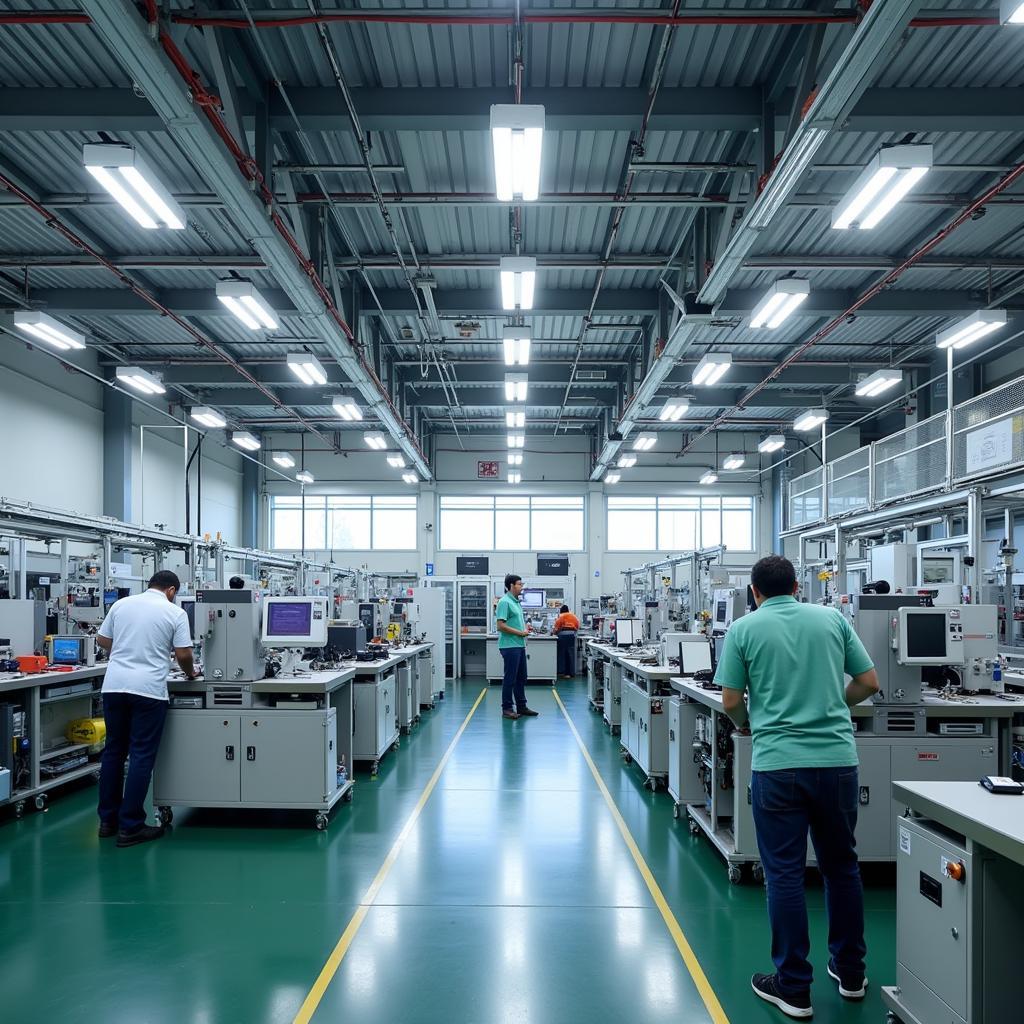 Inside the ASE Kaohsiung production line, showing advanced machinery and skilled workers in action during the semiconductor manufacturing process.