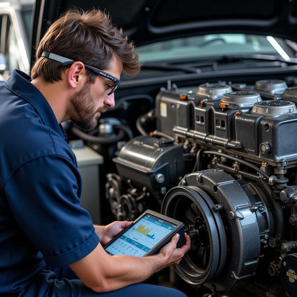 ASE Loc DME Special Certified Technician Working on a Diesel Engine