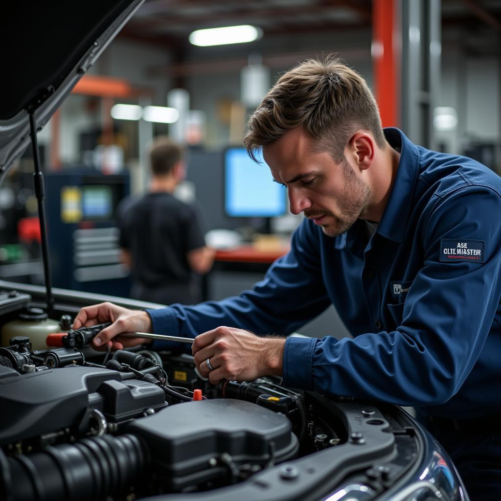 ASE Master Certified Mechanic Working on a Car Engine