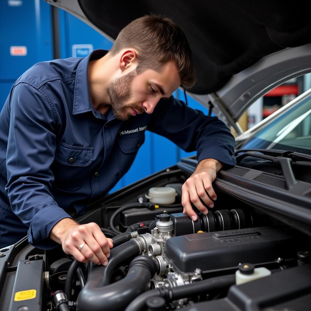 ASE Master Certified Patch Technician Working on a Car Engine