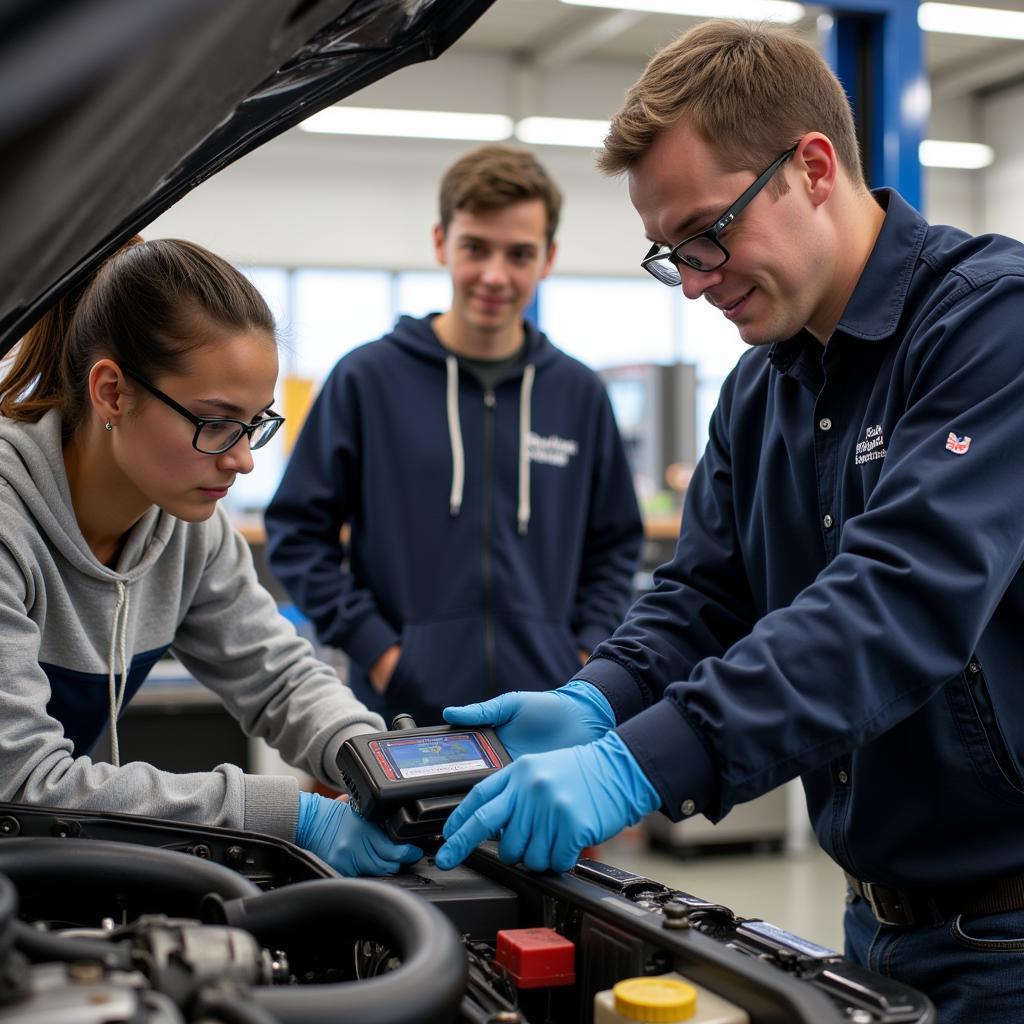 Students Working on a Car Engine in an ASE Master Certified School