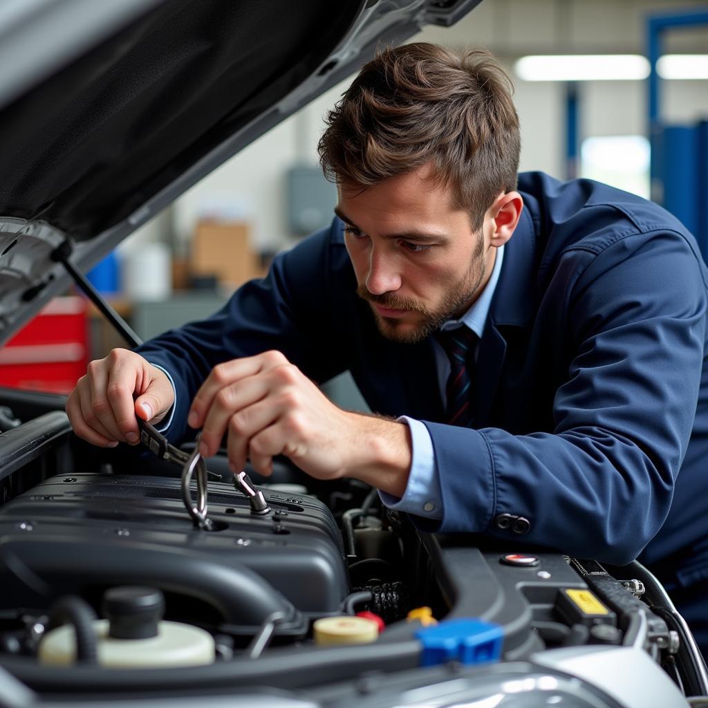 ASE certified mechanic working diligently on a car engine, showcasing their expertise and dedication to their craft.