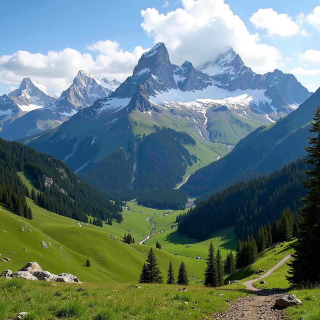 Panoramic view of the ASE mountain range with lush green valleys and snow-capped peaks