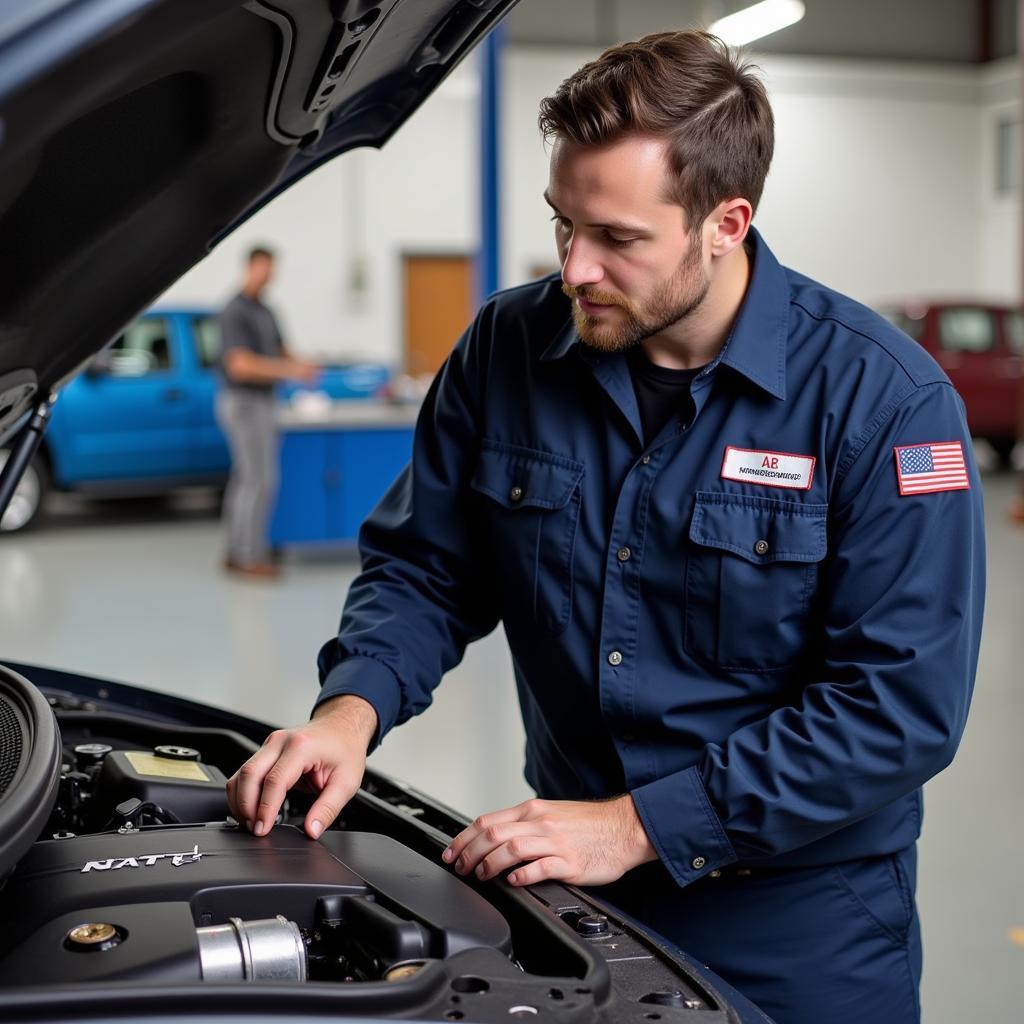 ASE NATEF Certified Technician Working on a Car