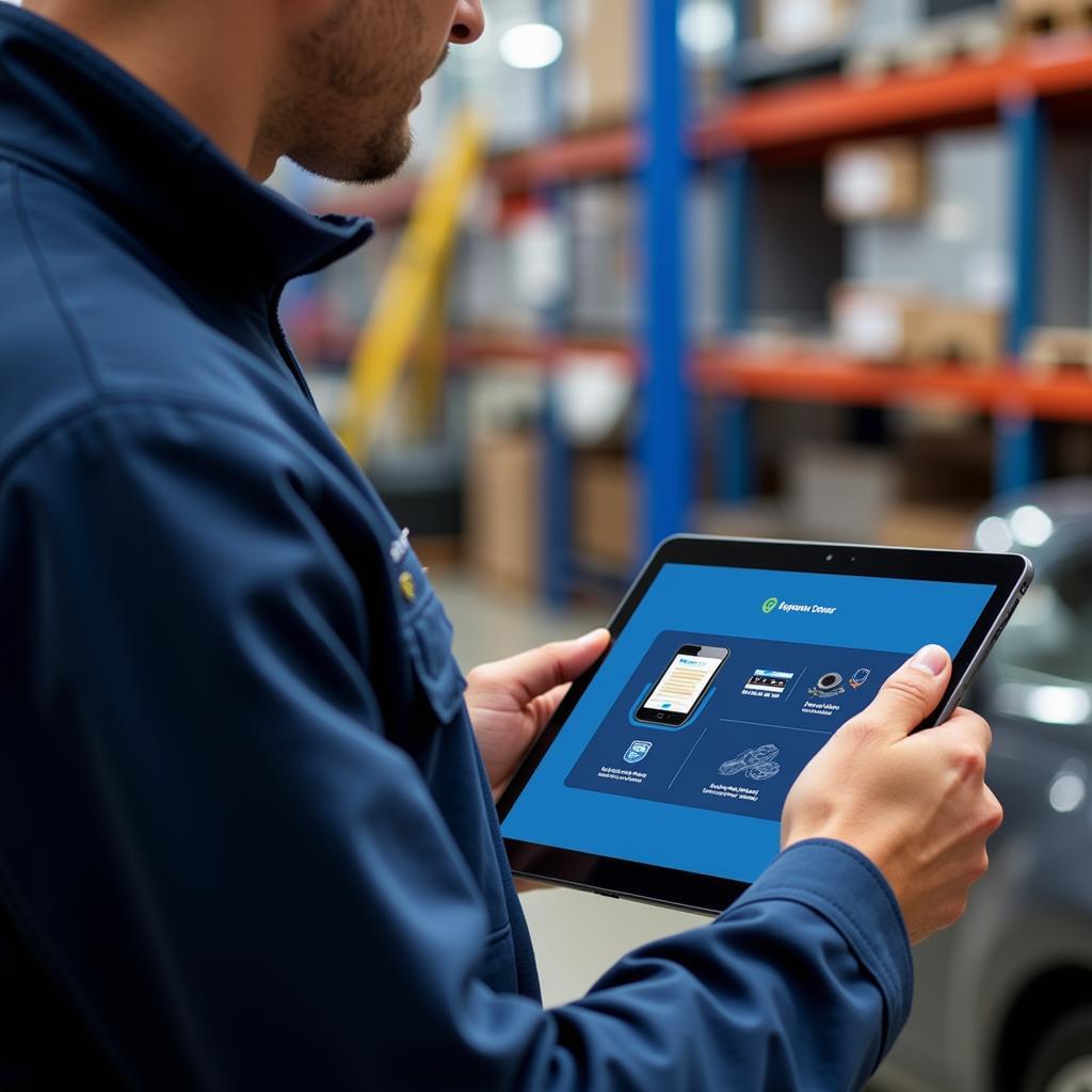 ASE Parts Specialist Using a Tablet for Inventory Management