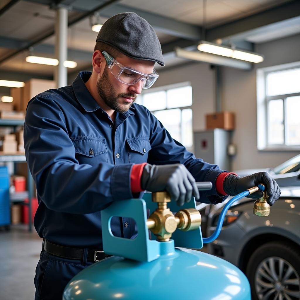 Technician working with R134a refrigerant