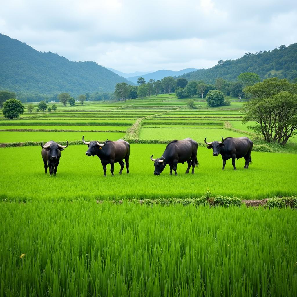 Rice Paddies and Water Buffalo on a Southeast Asian Ranch