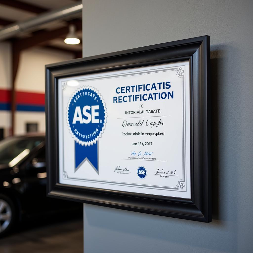 ASE Recertification Certificate Displayed Prominently