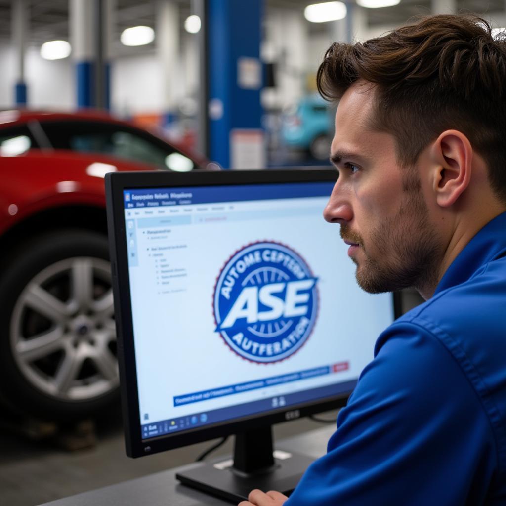 Technician Taking ASE Recertification Test Online