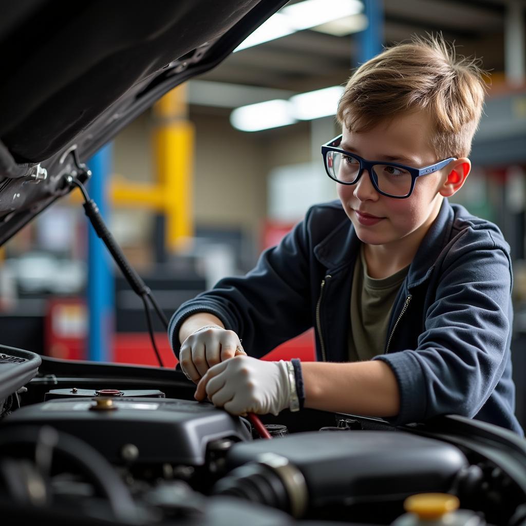 ASE SAM student working diligently on a car engine