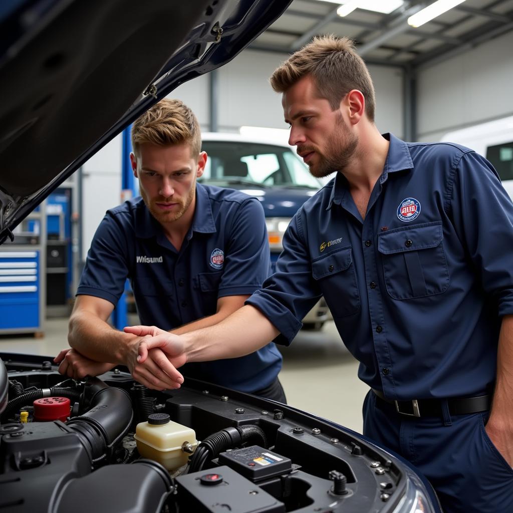 Experienced ASE Technician Mentoring an Apprentice