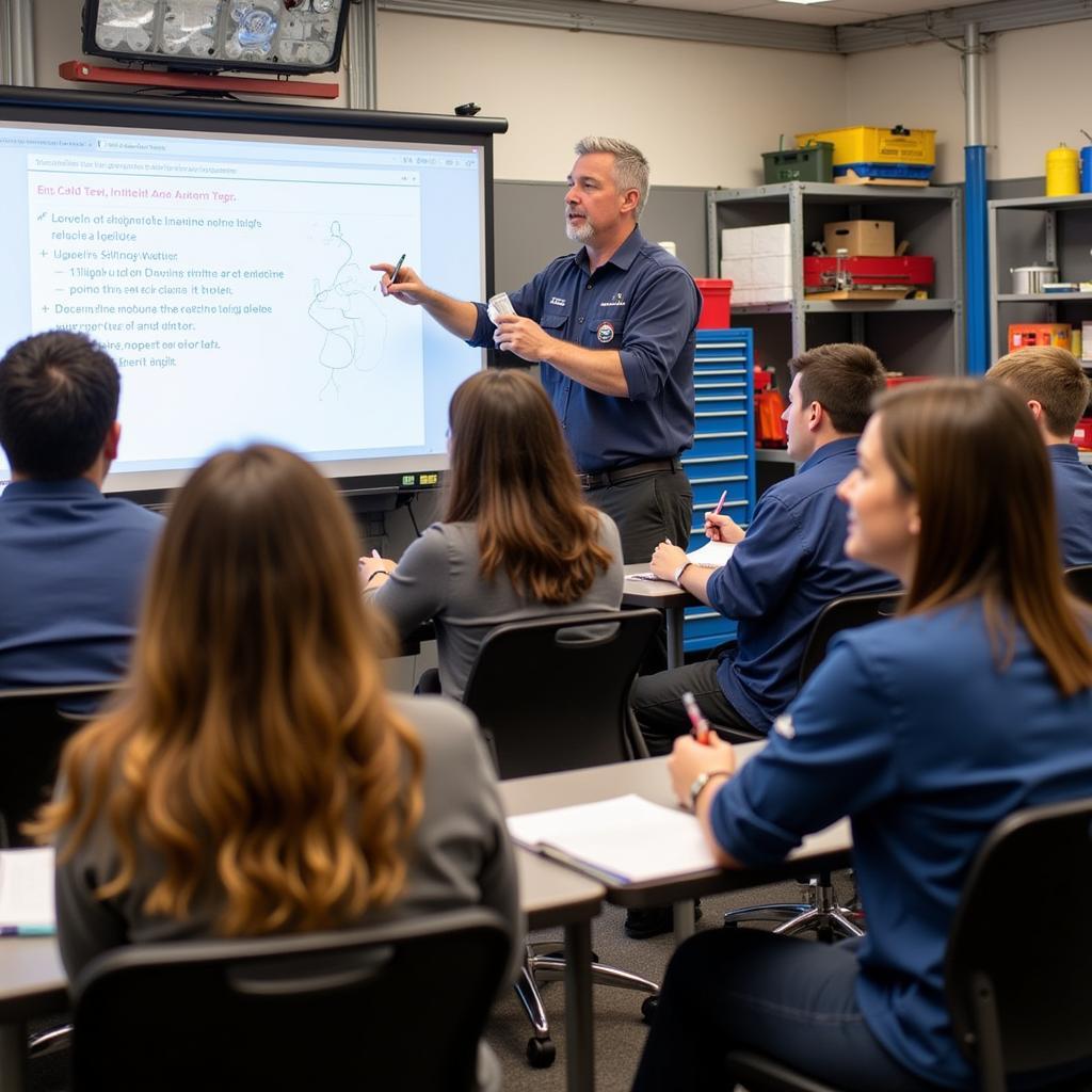 Students actively participating in an ASE test prep class