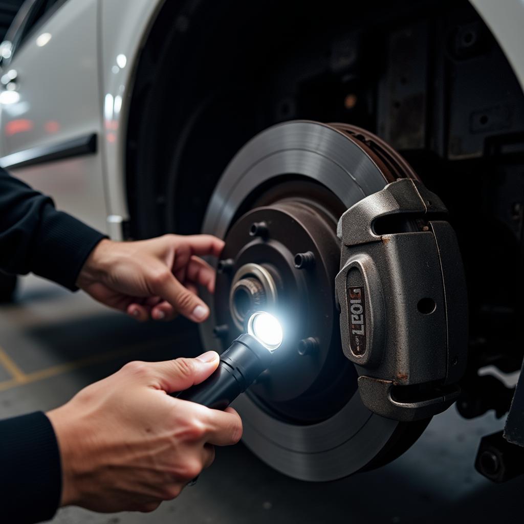 ASE Undercar Specialist Performing Brake Inspection