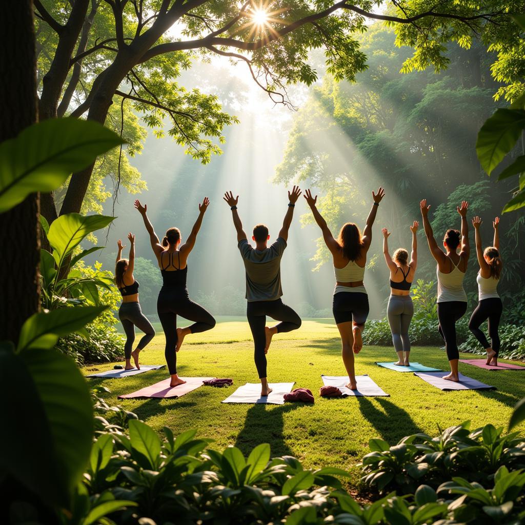 ASE Yoga practitioners in a tropical garden setting