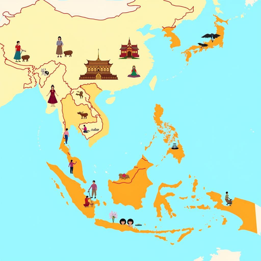 ASEAN 10 Countries Map Illustrating Cultural Diversity