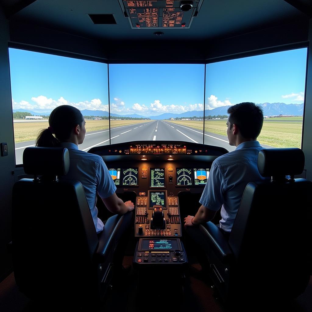 Students using a flight simulator at ASEAN Aero Academy Adalah