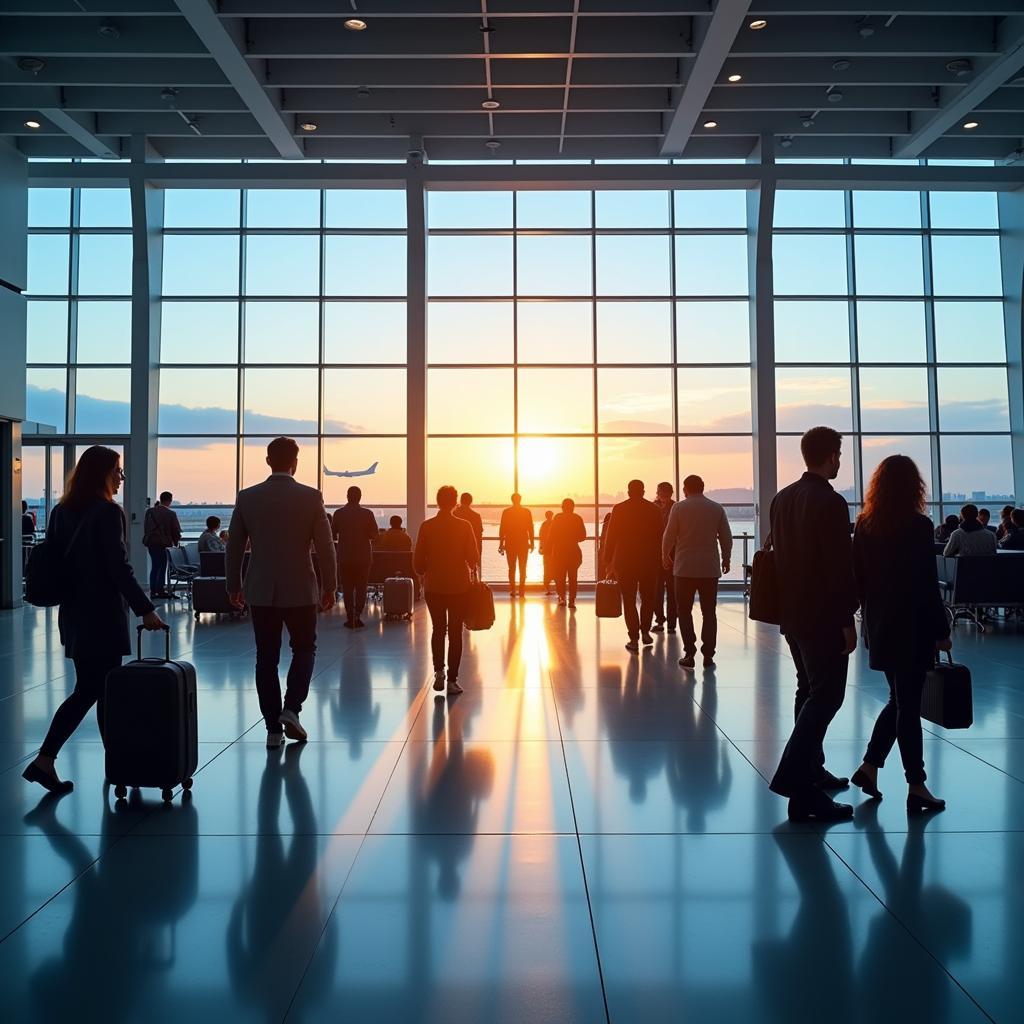 Busy airport terminal with diverse passengers in Southeast Asia