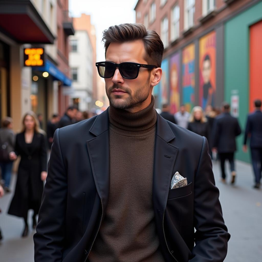 Man wearing Asean Angelo sunglasses in a city