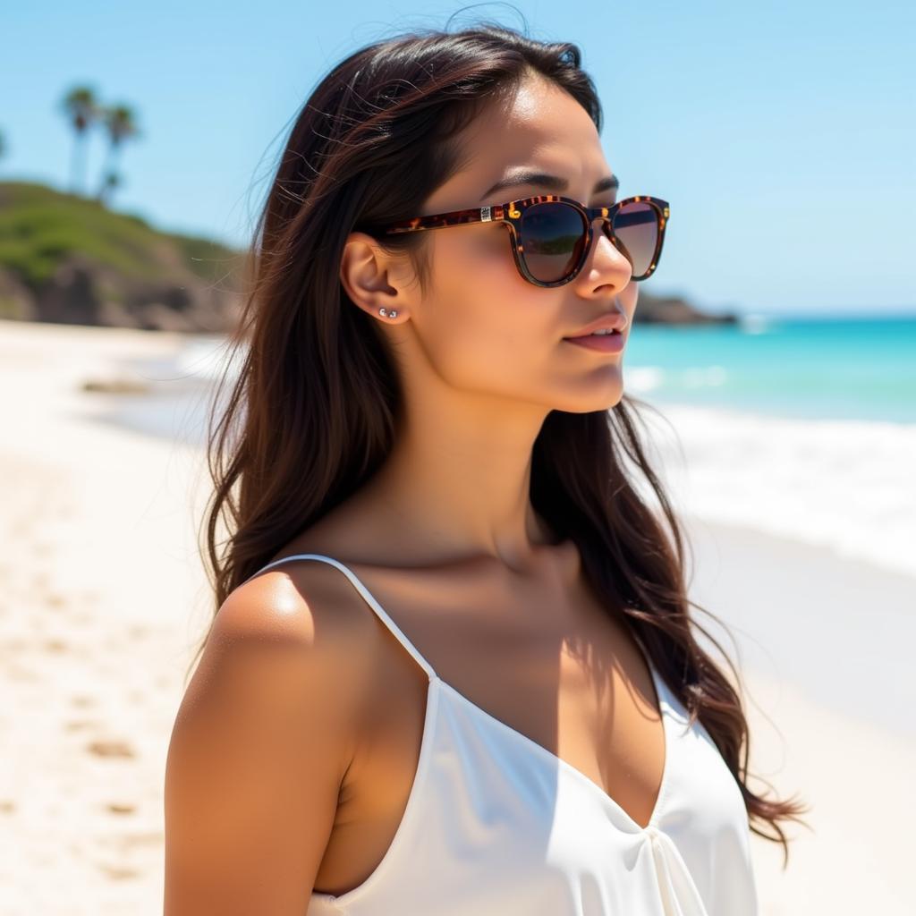 Woman wearing Asean Angelo sunglasses on a beach