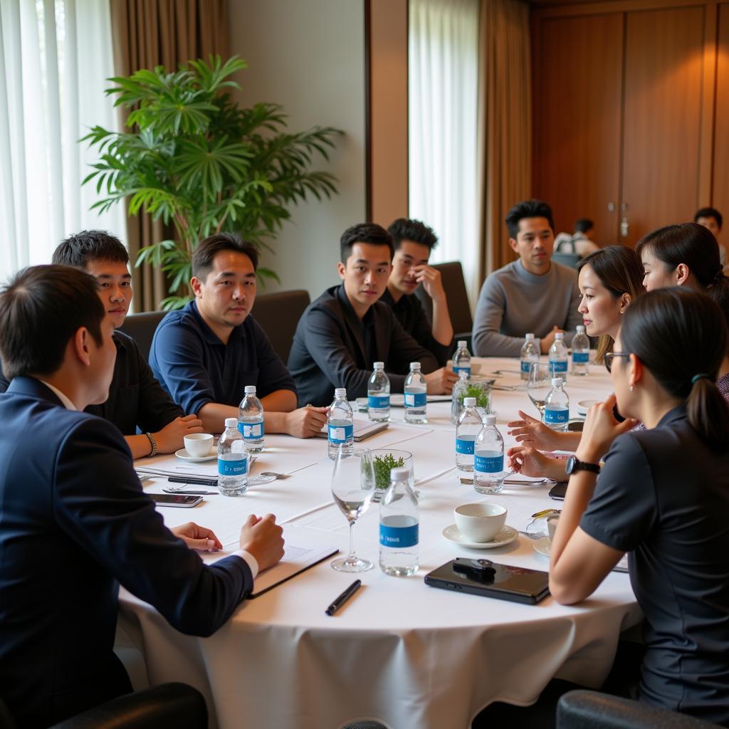 Representatives discussing climate change initiatives at a roundtable.