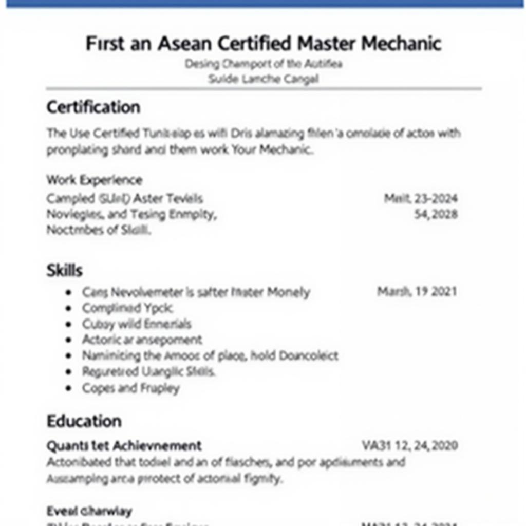 ASEAN Certified Mechanic Resume Example