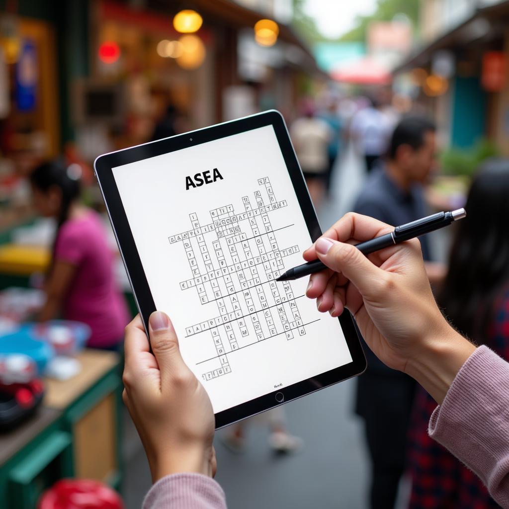 A person solving an ASEA crossword puzzle on a tablet