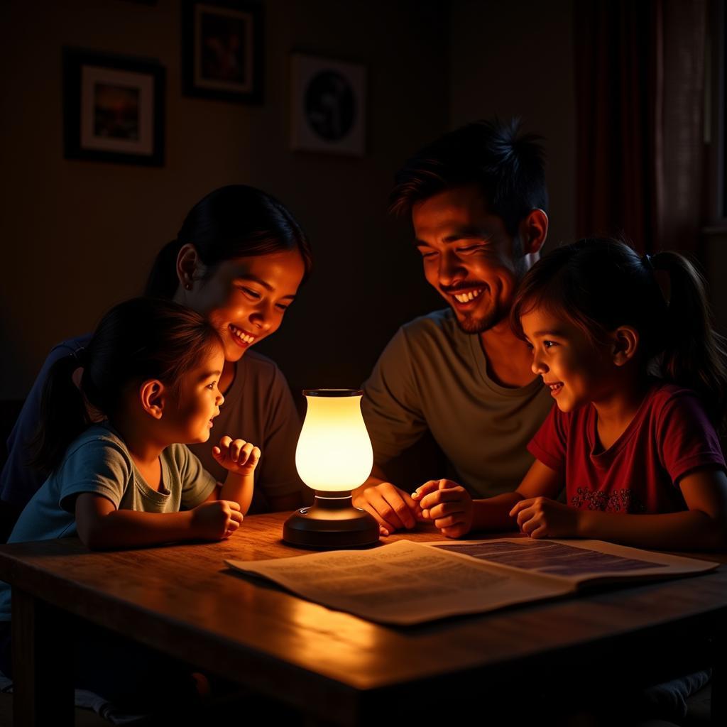 An ASEAN family using a solar-powered lamp in their home, showcasing the positive impact of applied solar expertise on daily life.