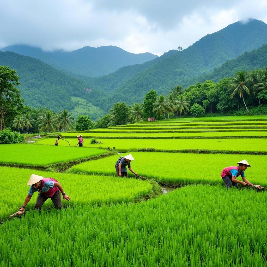 ASEAN farmers working in rice paddies