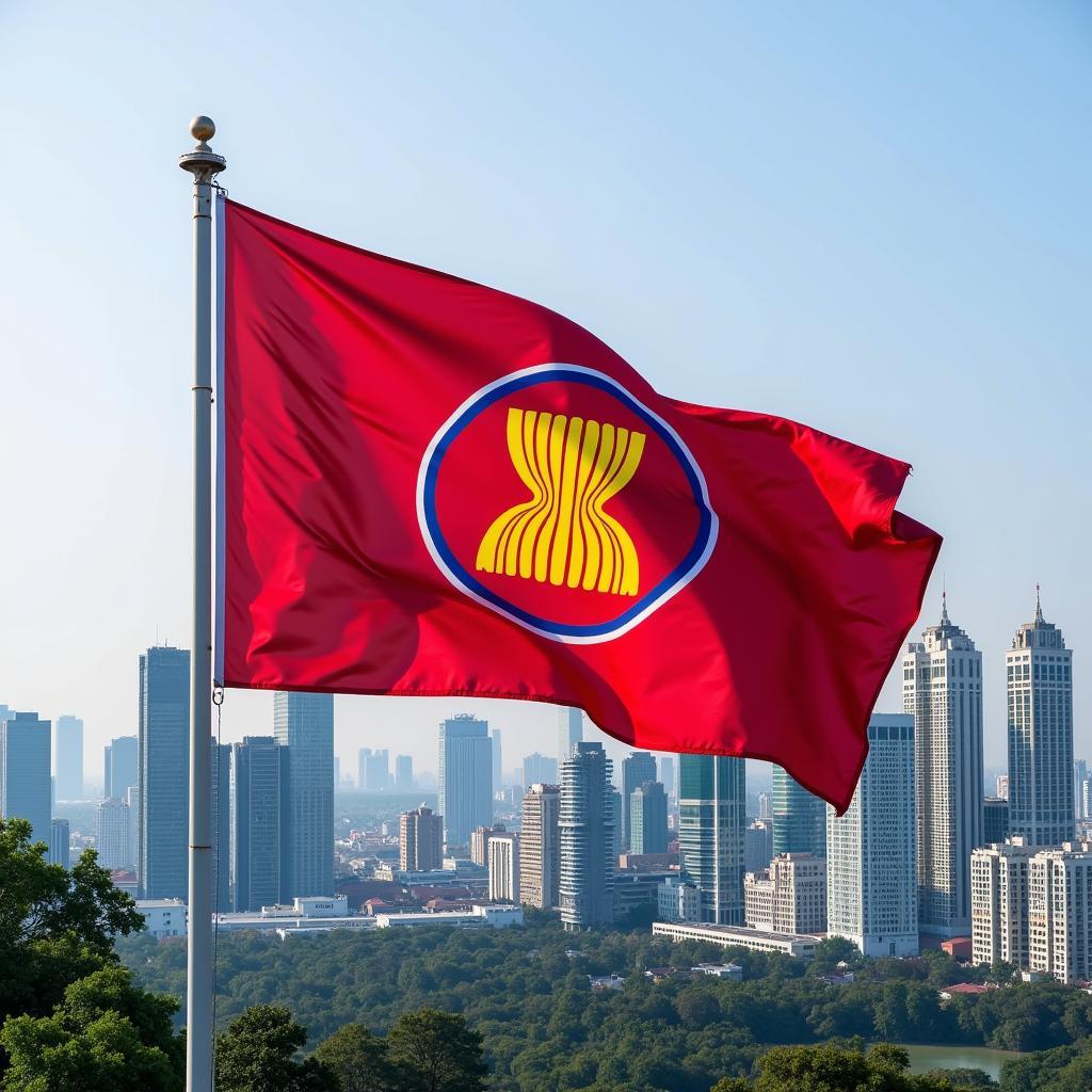 ASEAN flag flying high above a cityscape symbolizing unity and progress.