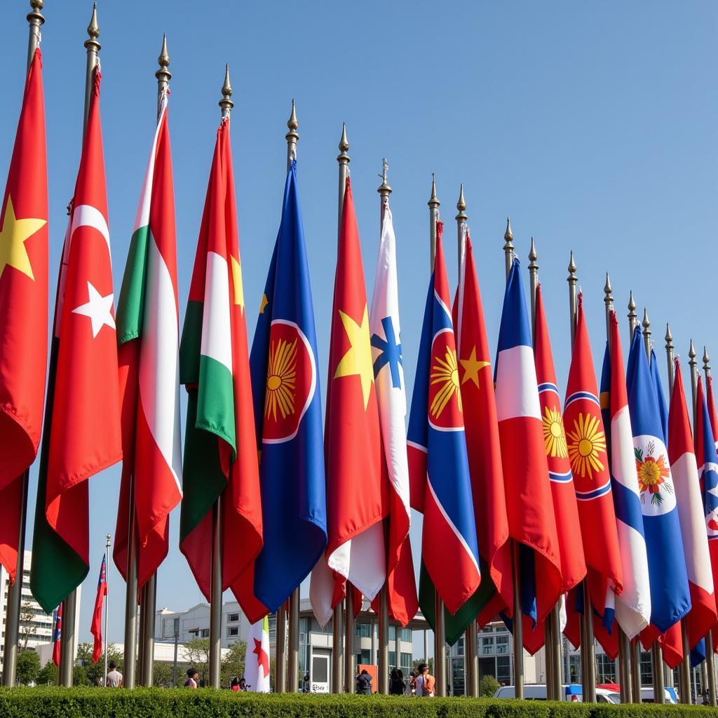 Flags of ASEAN member states displayed at the 49th ASEAN Foreign Ministers Meeting