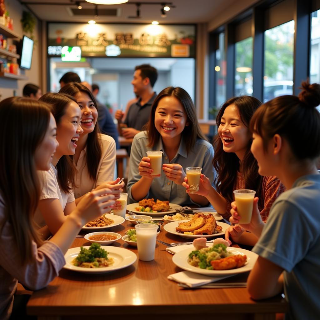 A group of friends enjoying a meal together at an ASEAN food hall.