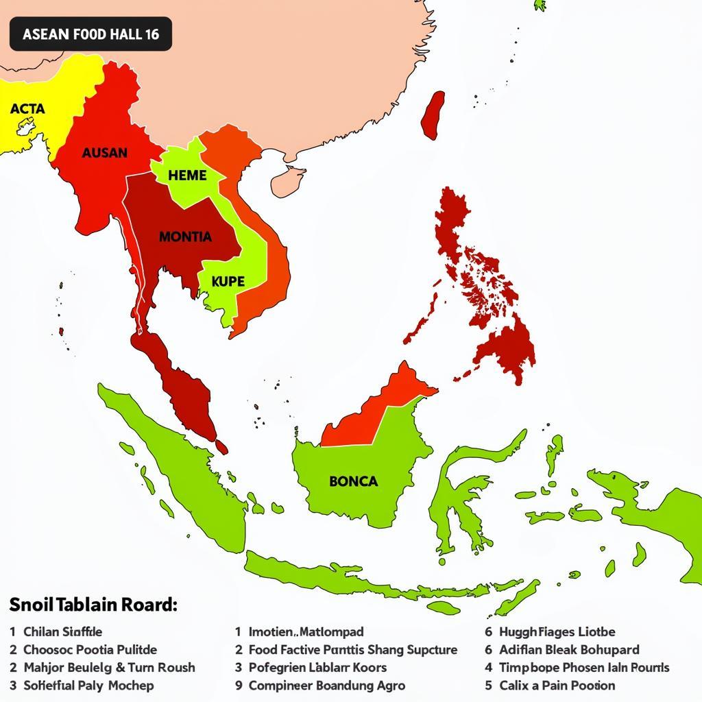 A map showing the different sections of an ASEAN food hall, organized by country.