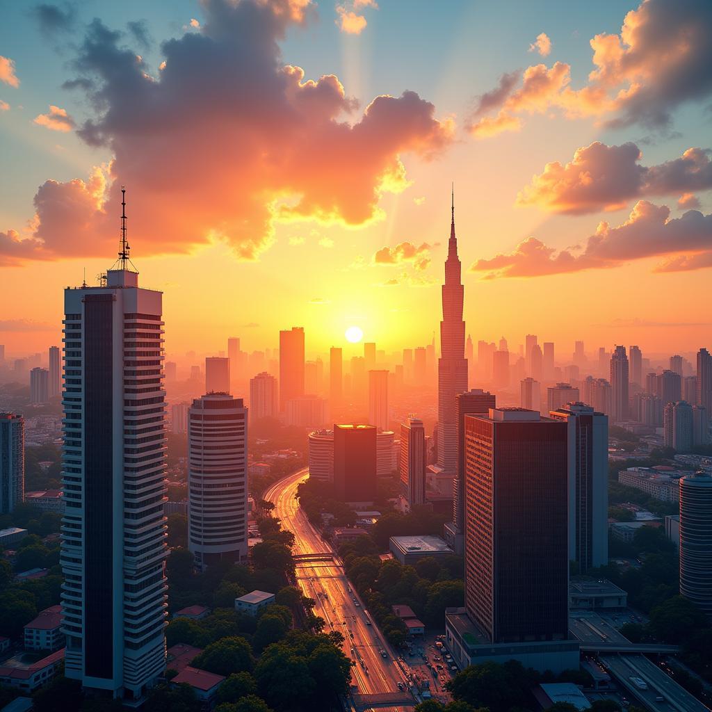 ASEAN Future Growth: A cityscape rising with the sun, symbolizing the future growth and development potential of ASEAN.