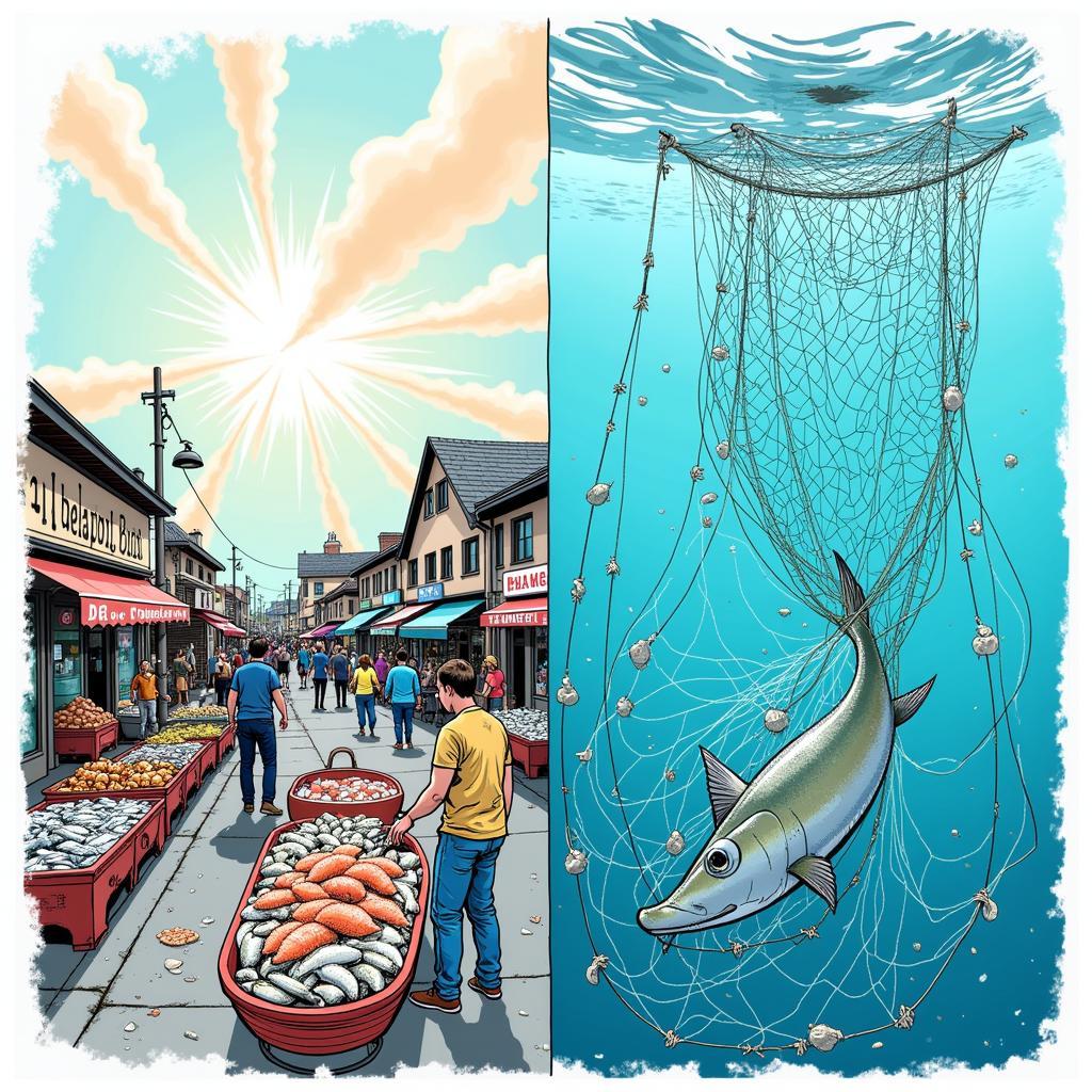 Impact of Gill Net Fishing in ASEAN - Illustration showcasing both the positive economic impact and potential negative environmental consequences of gill net fishing in the region.