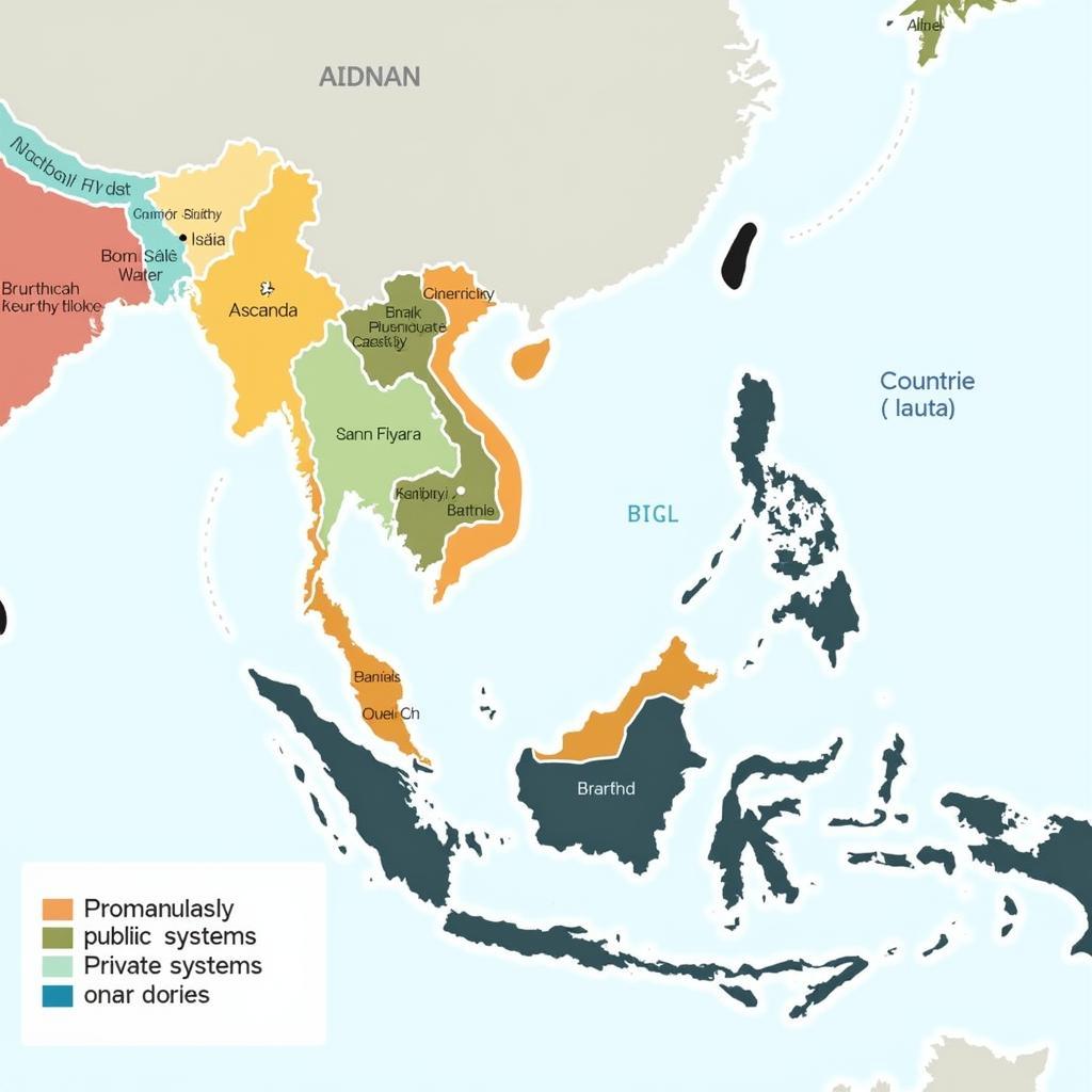 ASEAN Healthcare Diversity - A map highlighting the diverse healthcare systems across ASEAN countries, showcasing public, private, and mixed models.