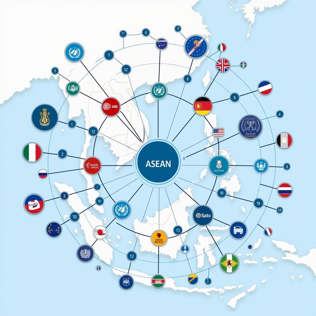 ASEAN International Cooperation: A network of connections illustrating ASEAN's collaborations with various international organizations.