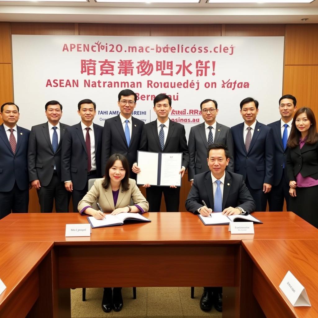 Representatives from ASEAN and Japan signing a collaborative agreement on road traffic safety