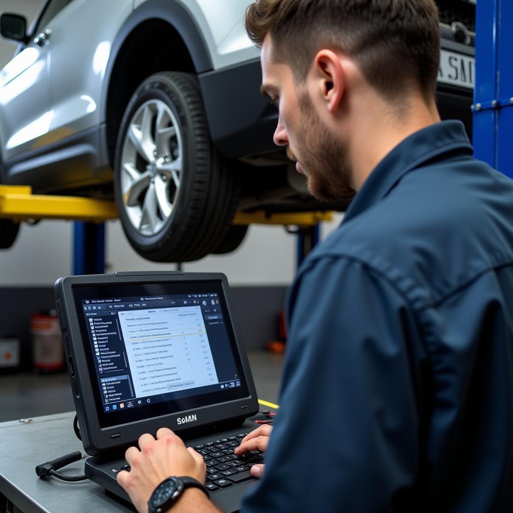 ASEAN Mechanic Performing Car Diagnostics with Advanced Equipment