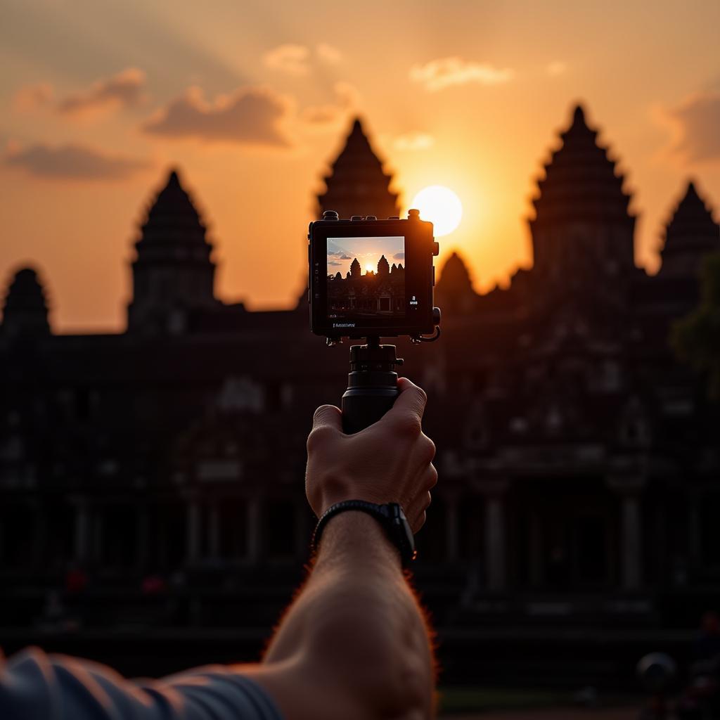 ASEAN Media Ultra SL7 in Use: A filmmaker captures a breathtaking sunset over Angkor Wat using the advanced camera features of the Ultra SL7.