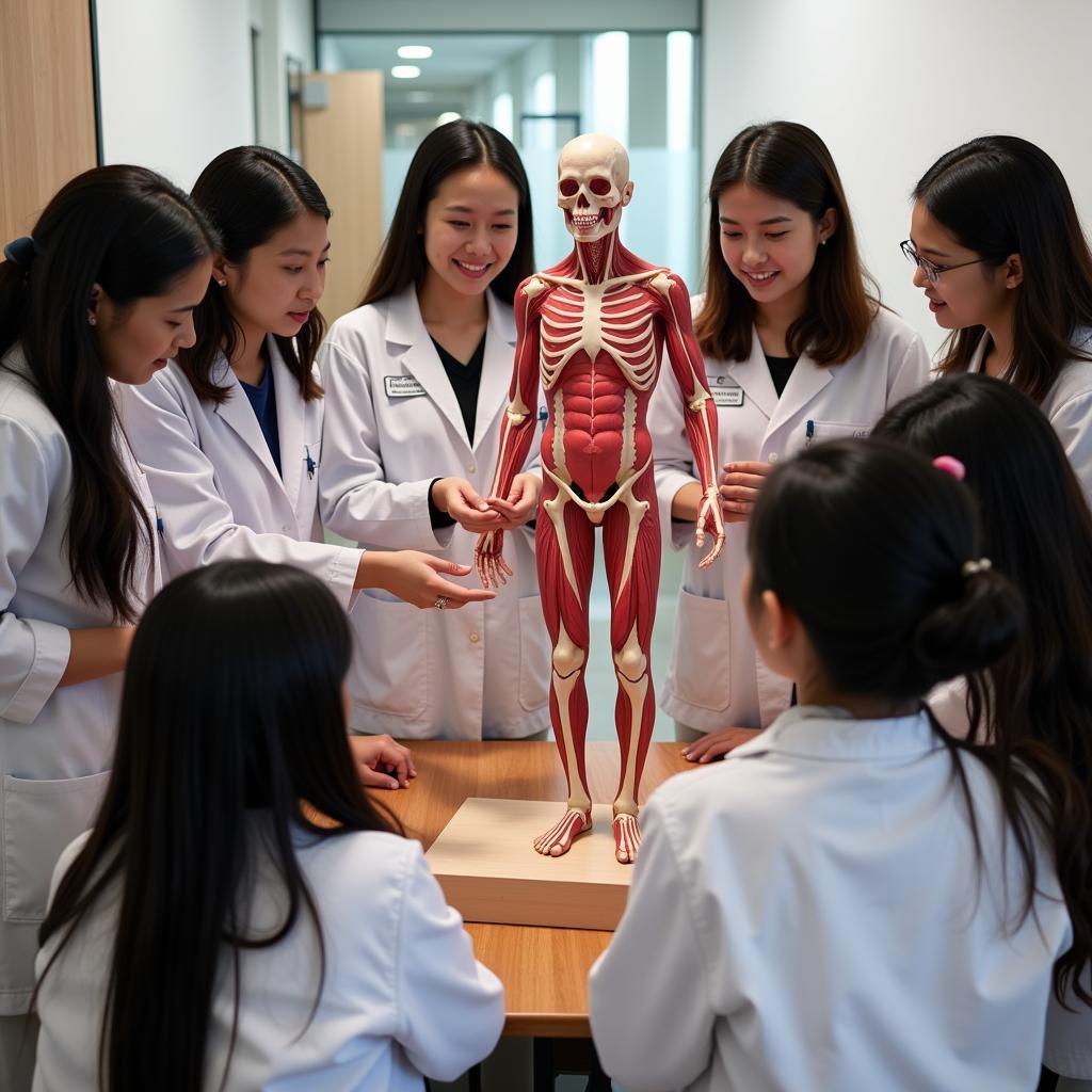 Medical students from different ASEAN nations studying anatomy together