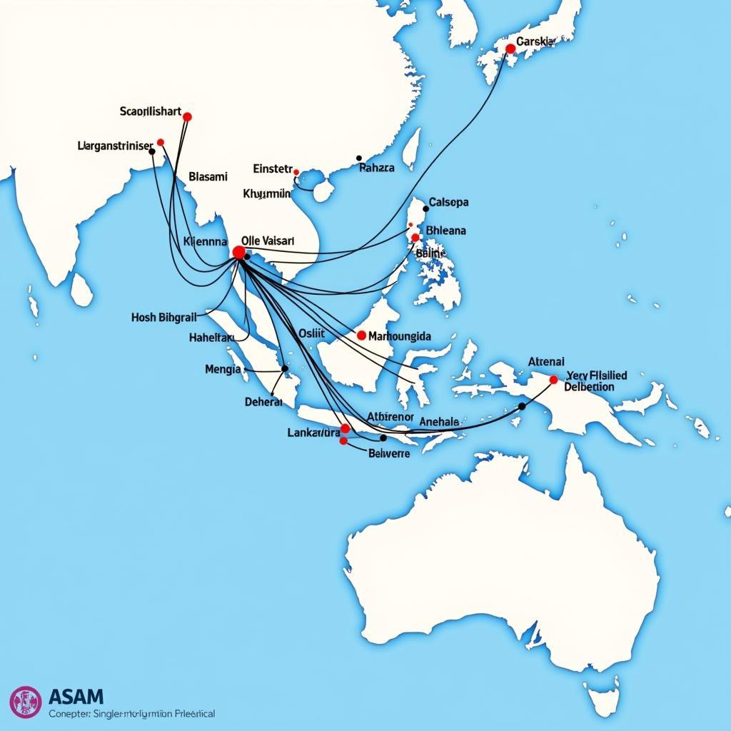 ASEAN Single Aviation Market Connectivity: A map showcasing the interconnected air routes within the ASEAN region, highlighting the benefits of ASAM in terms of increased connectivity and economic integration.