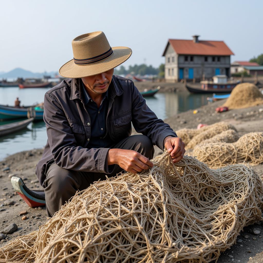 ASEAN Survival Gill Net Construction - A fisherman prepares a traditional gill net, showcasing the materials and techniques used in its creation.