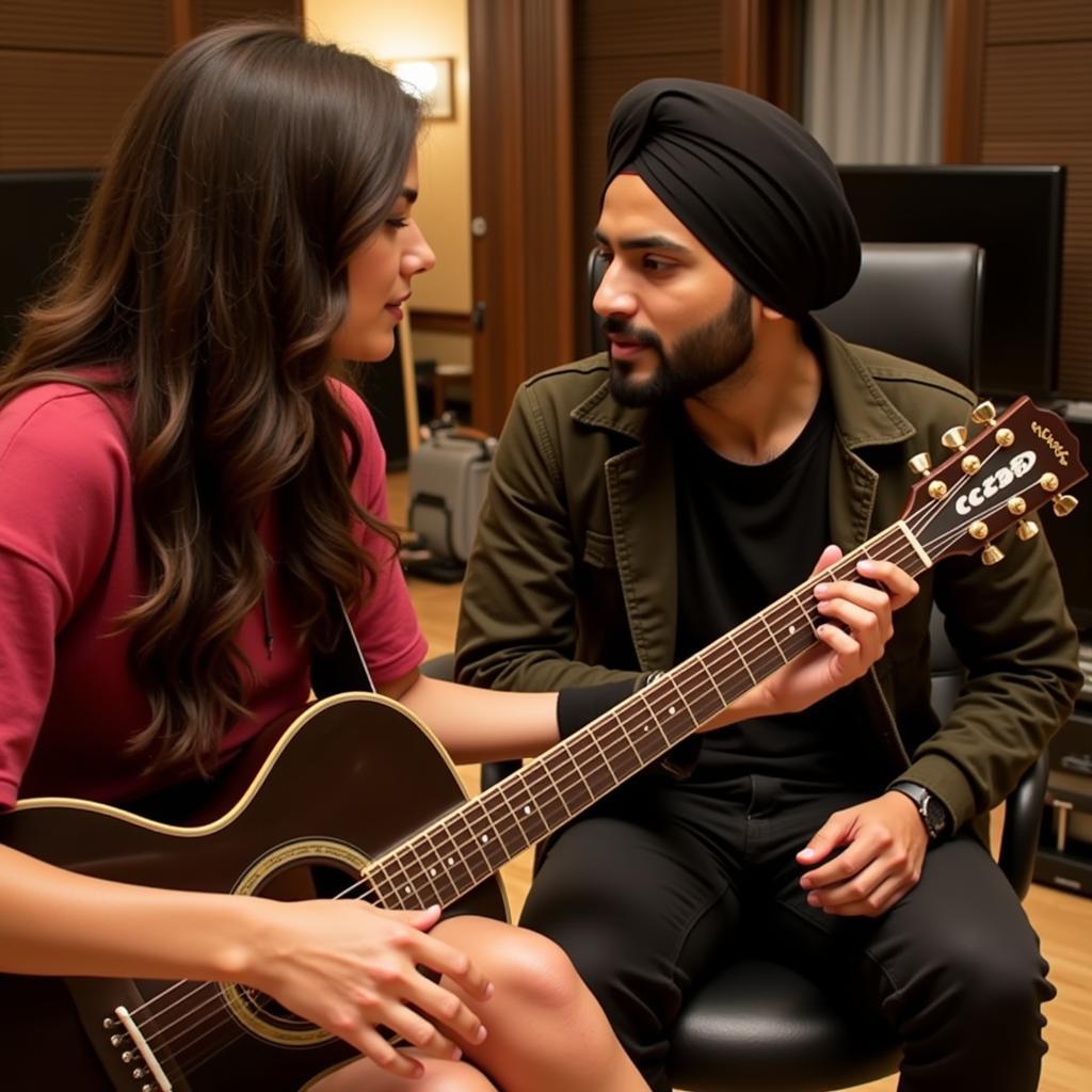 Asees Kaur and Arijit Singh recording in a studio