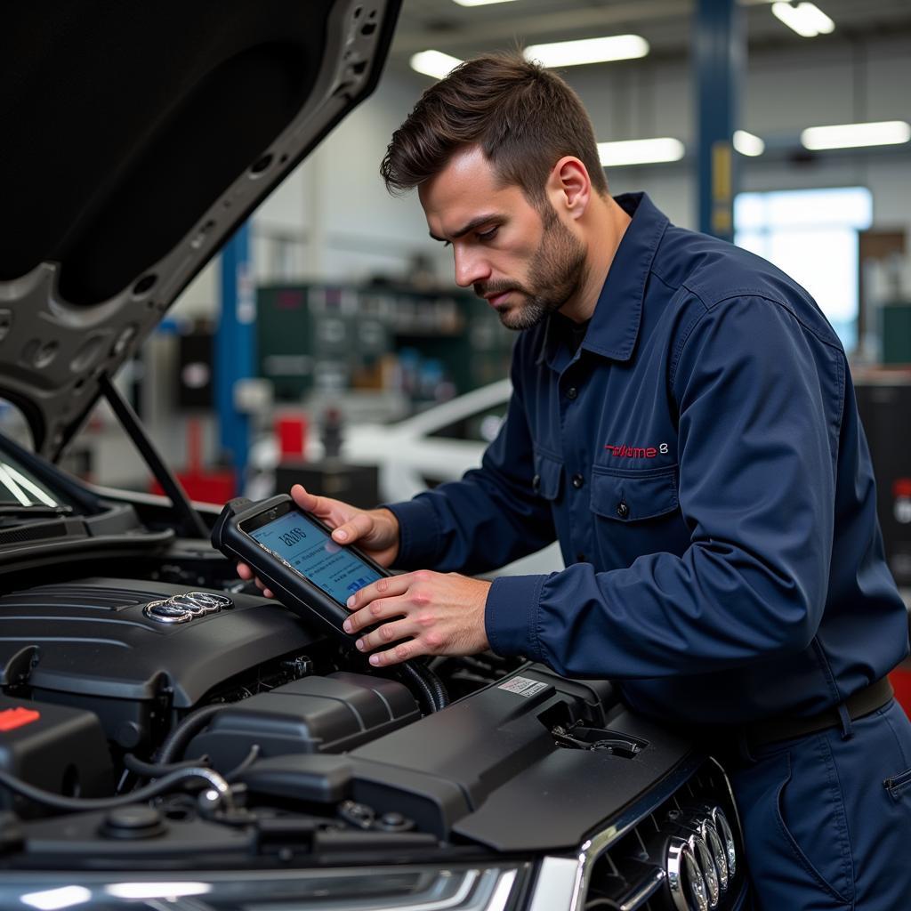 Audi A6 being serviced by an ASE certified technician