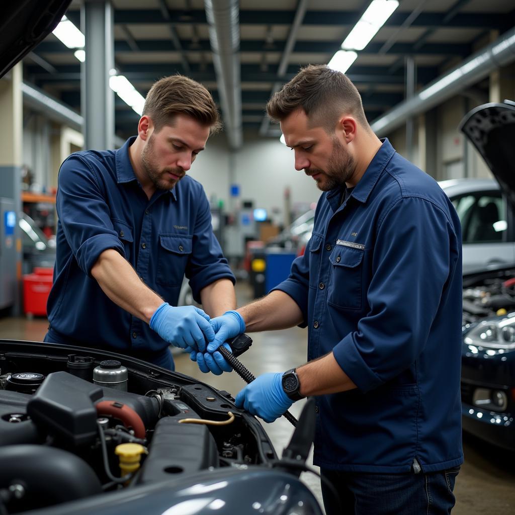 An apprentice mechanic working alongside an experienced mentor in a garage