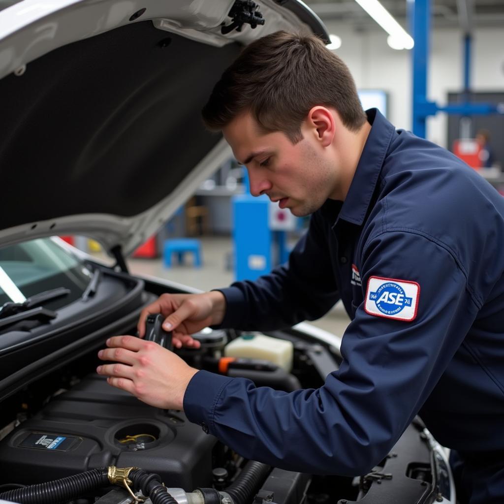 Automotive Technician Working on a Vehicle Engine with ASE Patch Visible